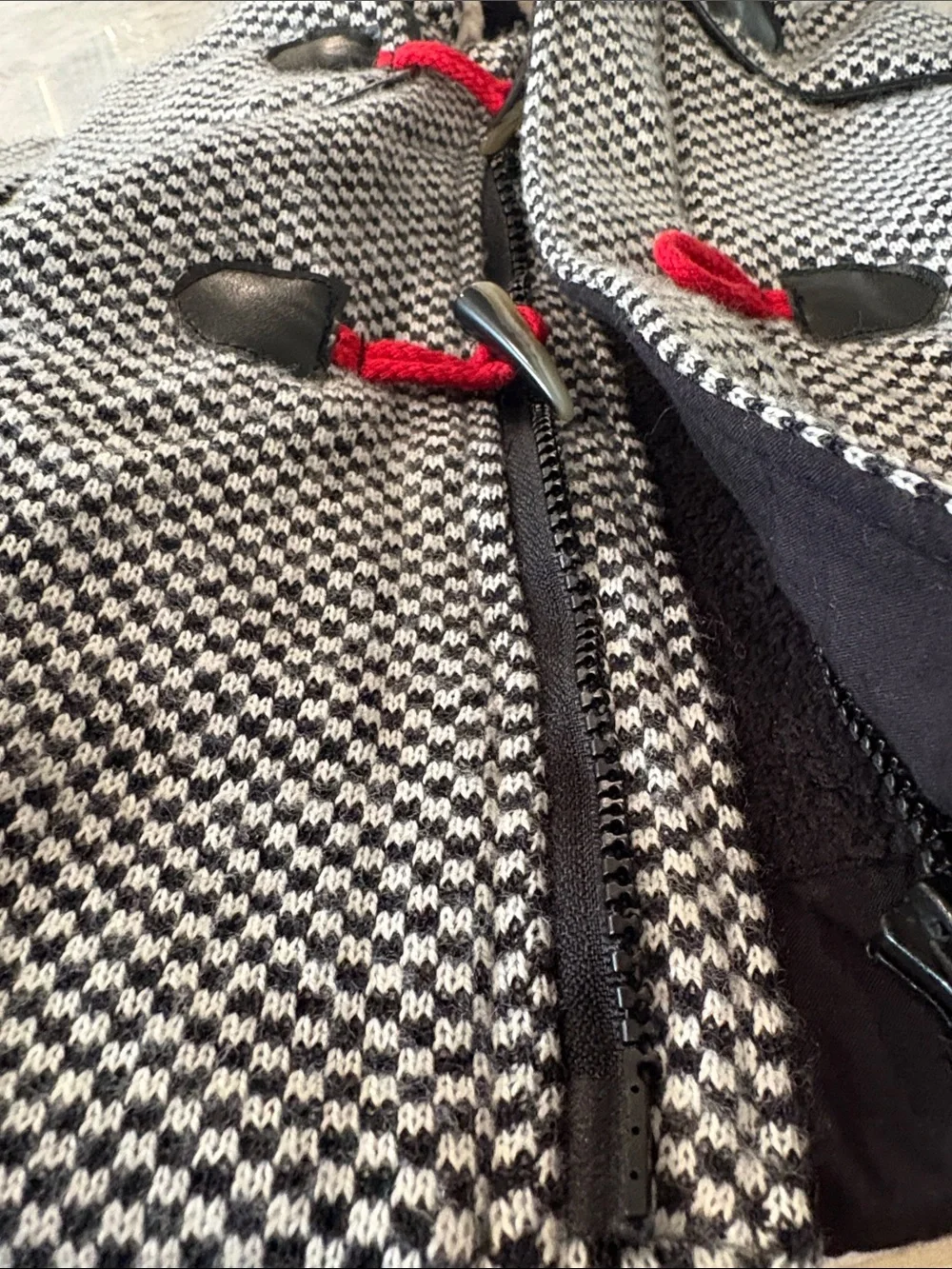 Catimini Black & White Checked Hooded Pea Coat with Red Toggle Accents